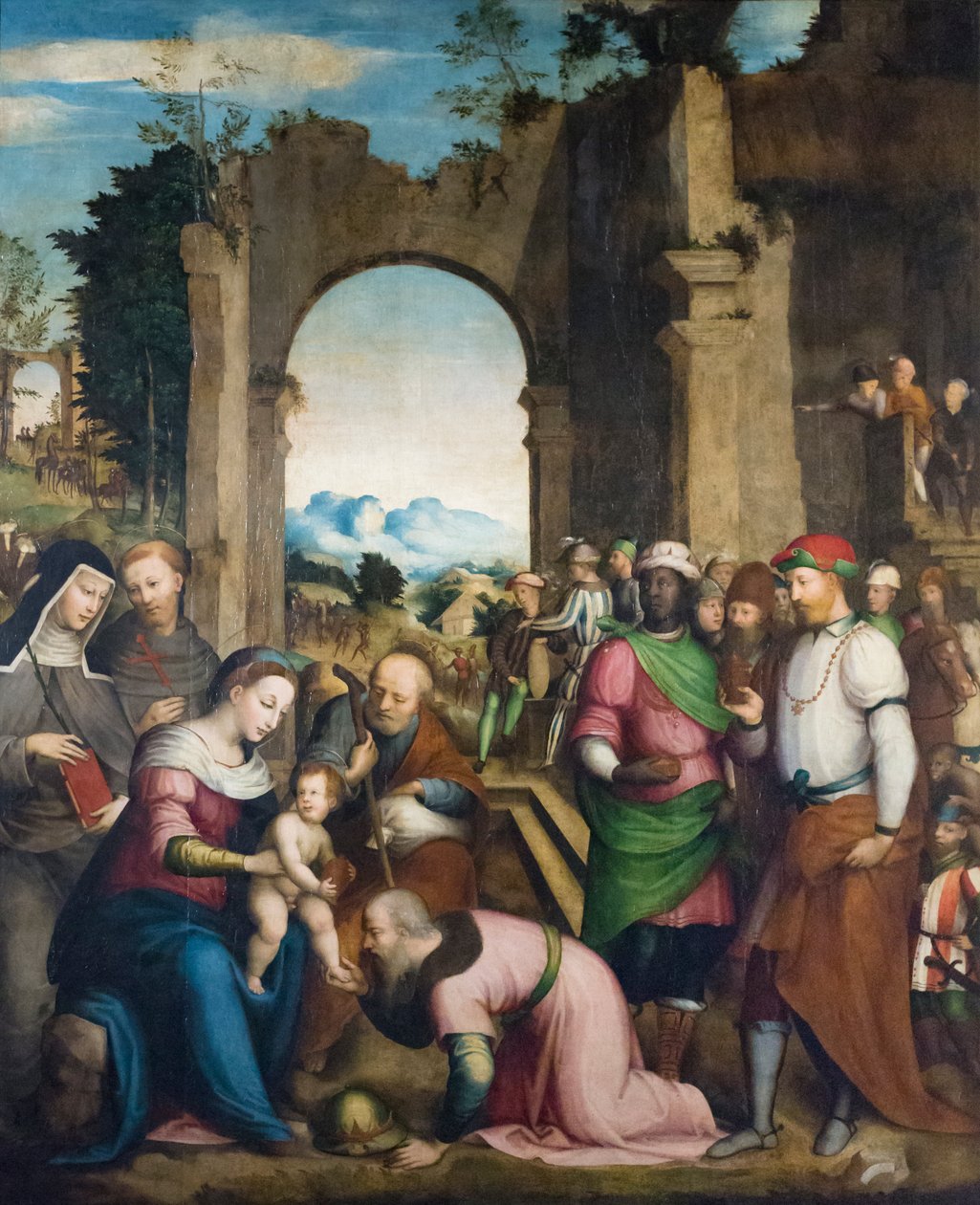 Adoracja Trzech Króli ze św. Klarą i Franciszkiem, ok. 1510 (olej na płycie) autorstwa Giovanni Battista (1489 1561) Volponi