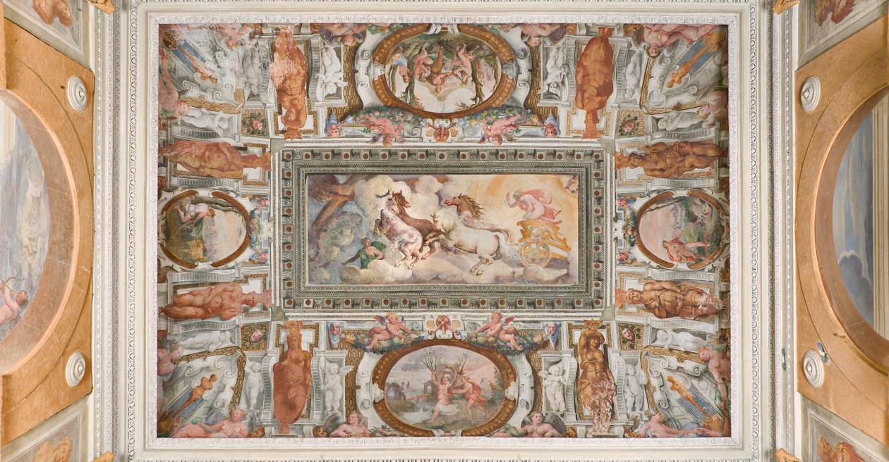 Rydwan Słońca prowadzony przez Apolla, Apollo Loggia, ok. 1560 (fresk) autorstwa Giovanni Battista and Cambiaso Luca Castello