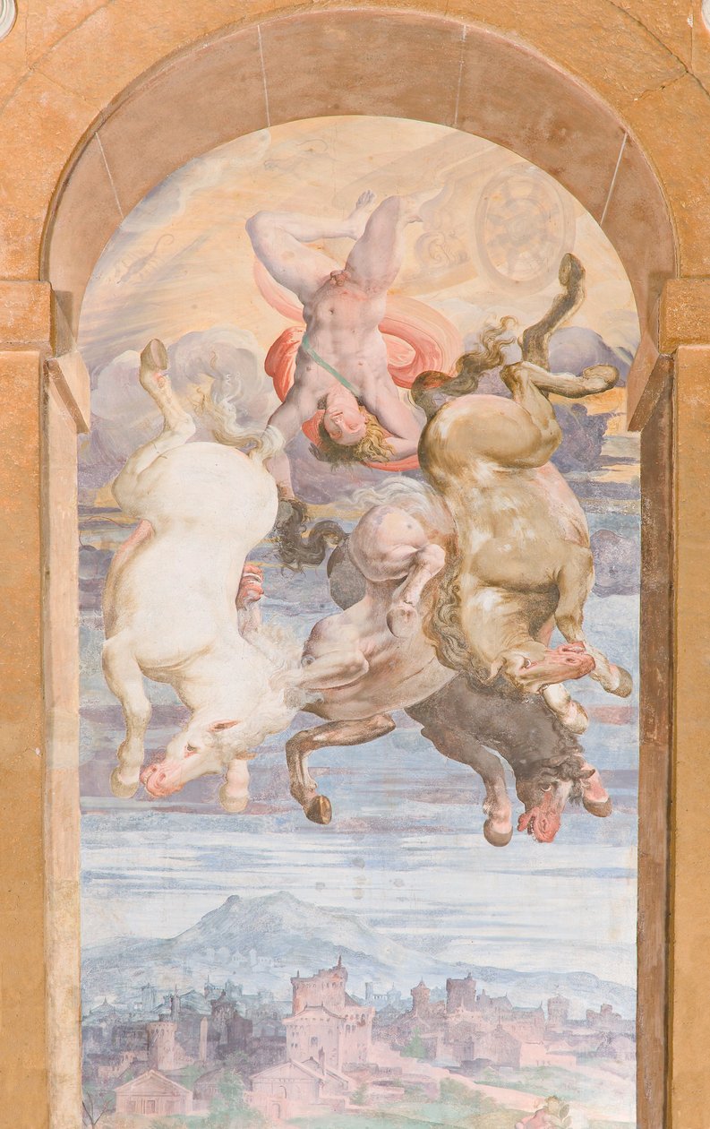 Rydwan Słońca prowadzony przez Apollo nurkującego w kierunku Ziemi, wschodnia ściana Apollo Loggia, ok. 1560 (fresk) autorstwa Giovanni Battista and Cambiaso Luca Castello