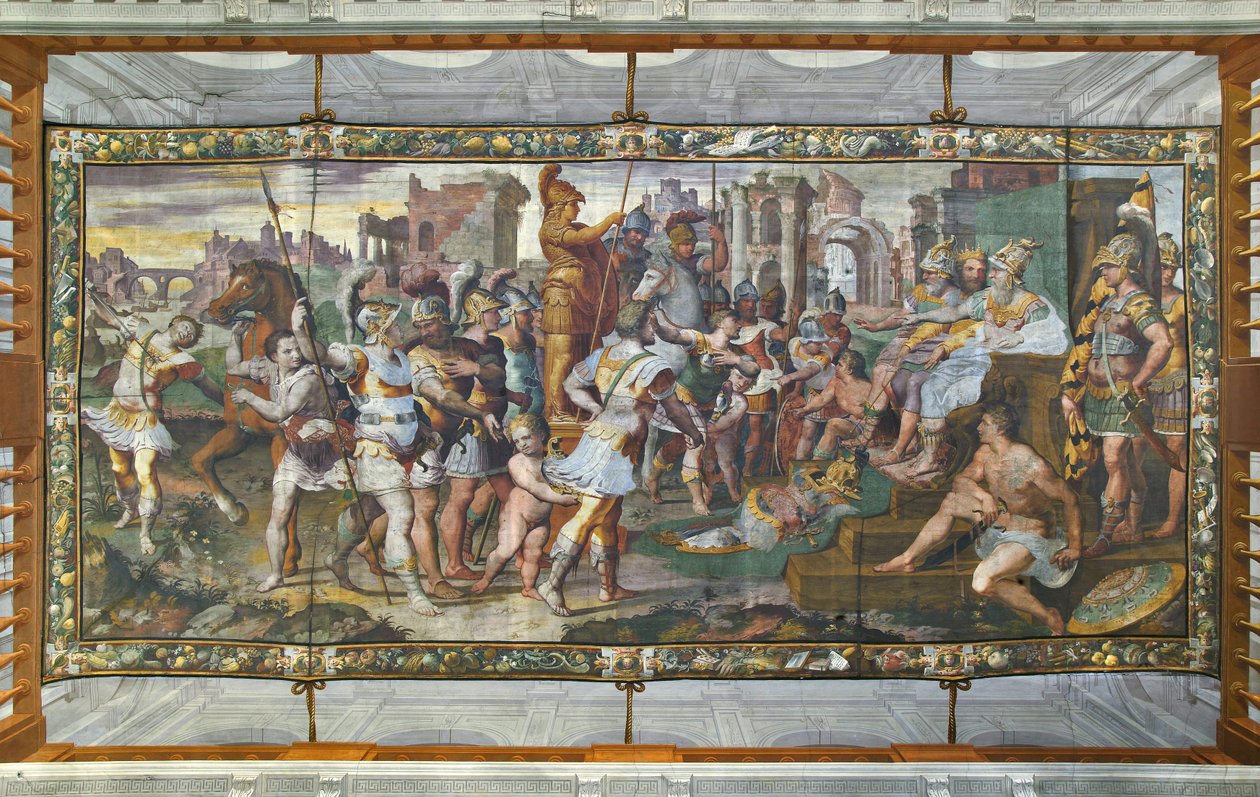 Ulisses i Ajax rywalizują o zbroję Achillesa przed sądami, Ulisses Hall (fresk) autorstwa Giovanni Battista Castello
