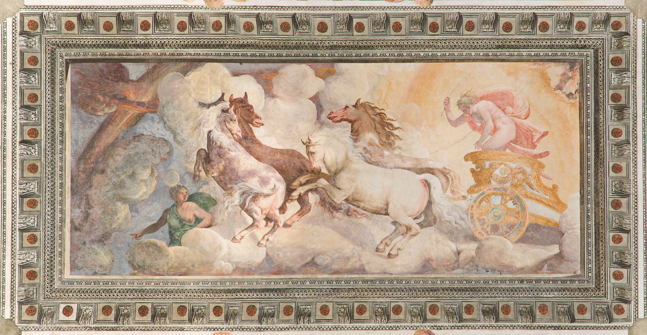 Rydwan Słońca prowadzony przez Apolla, Apollo Loggia, ok. 1560 (fresk) autorstwa Giovanni Battista and Cambiaso Luca Castello