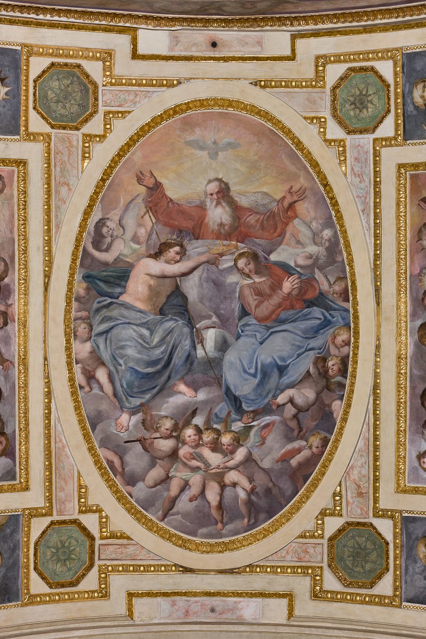 Genua, Duomo (katedra św. Wawrzyńca), wnętrze, kaplica Lercari lub kaplica Najświętszego Sakramentu (absyda północna), sklepienie: „Koronacja Dziewicy”, fresk Giovanniego Battisty Castello znany jako Bergamasco autorstwa Giovanni Battista Castello