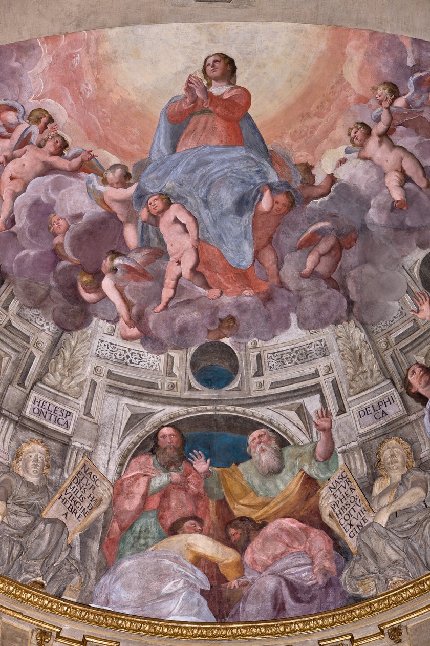 Genua, Duomo (katedra św. Wawrzyńca), wnętrze, kaplica Lercari lub kaplica Najświętszego Sakramentu (absyda północna), apsyda: „Wniebowzięcie Najświętszej Marii Panny”, fresk Giovanniego Battisty Castello znany jako Bergamasco autorstwa Giovanni Battista Castello
