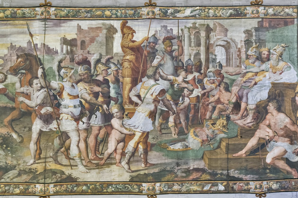 Ulisses i Ajax rywalizują o zbroję Achillesa przed sądami, Sala Ulissesa, fragment 2384556 (fresk) autorstwa Giovanni Battista Castello