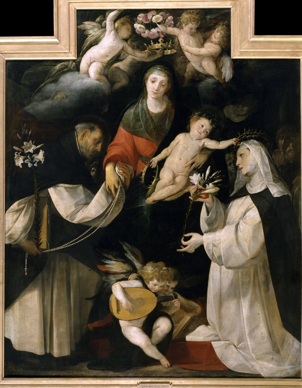 Madonna Różańcowa (Madonna del Rosario). Na głowie Madonny znajduje się wieniec z róż, a dwaj święci wręczają jej białe lilie, różańce i serca symbolizujące wiarę. Obraz namalowany przez Giovana (Giovanniego) Battistę Crespiego znanego jako Il Cerano (ok.  autorstwa Giovanni Battista (1567 1633) Crespi