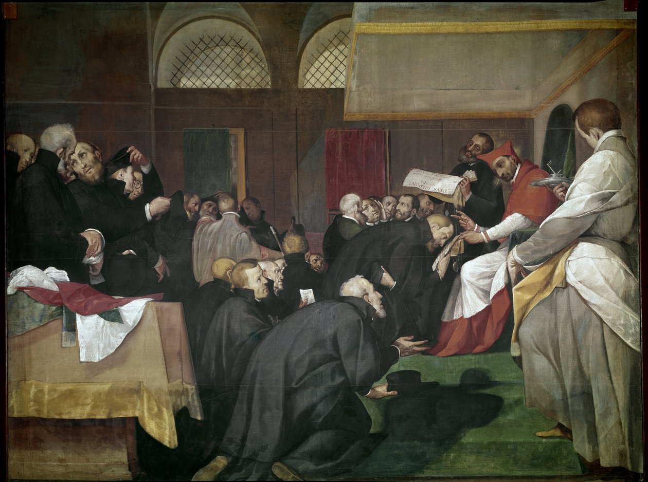 Quadroni de San Carlo: epizod z życia św. Karola Boromeusza (1538-1584): święty założył Kolegium Jezuitów, Barnabitów i Teatynów (Quadroni św. Karola: życie i cuda św. Karola Boromeusza: św. Karol założyciel jezuitów, teatyni jakiś autorstwa Giovanni Battista  Crespi