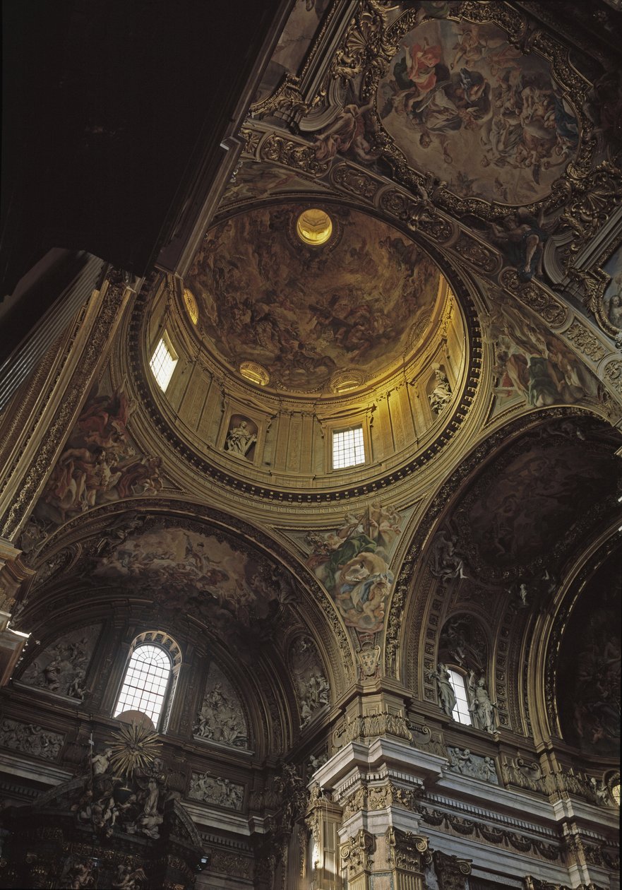Widok na kopułę i fresk Baciccii, kościół Gesu w Rzymie, ok. 1568 (Widok wnętrza Chiesa del Gesu z kopułą i freskami Baciccii, Rzym, włochy) autorstwa Giovanni Battista  Gaulli