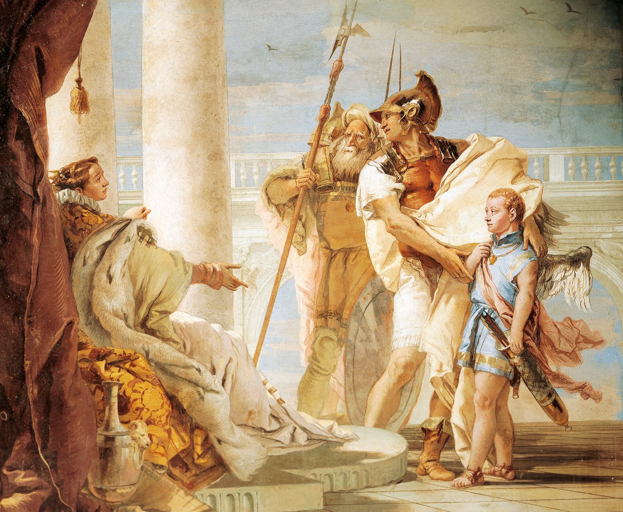 Eneasz przedstawia Dido Kupidyna w stroju Ascaniusza, Giambattista Tiepolo (1696-1770), fresk, Pokój Eneidy, Villa Valmarana 