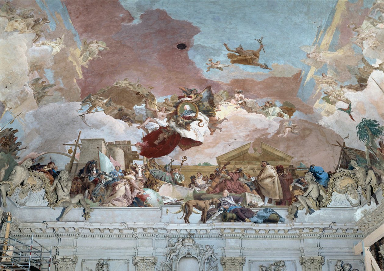 Apoteoza biskupa Carla Philippa von Greiffenklau i sekcja Europa fresku sufitowego ... (fresk) autorstwa Giovanni Battista (1696-1770) Tiepolo