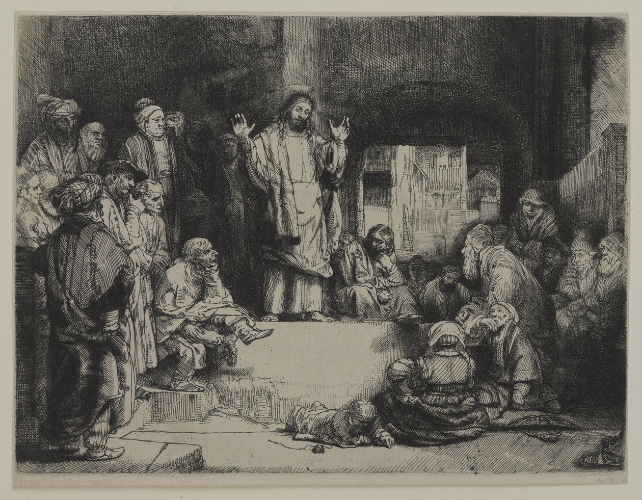 Przepowiadanie Chrystusa (La Petite tombe), ok. 1652 (akwaforta, sucha igła i rytowanie na papierze wykładanym przymocowanym do papieru wykładanego) autorstwa Giovanni Battista Tiepolo
