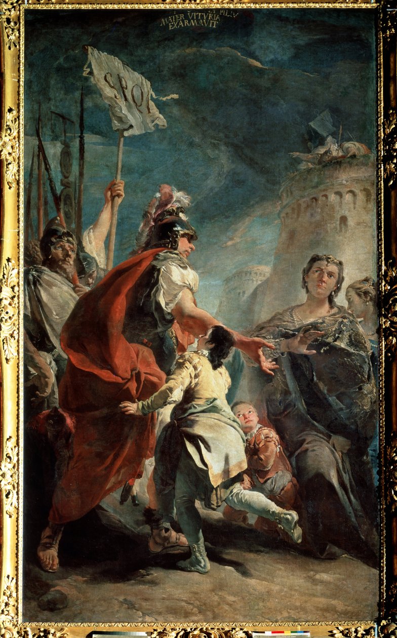 Coriolanus (Caius Marcius Coriolanus) przed bramami Rzymu (Coriolanus przed bramami Rzymu). Obraz Giambattisty Tiepolo (1696-1770). Olej na płótnie, 387 x 224 cm, ok. 1730. Szkoła wenecka, sztuka baroku włoskiego. Ermitaż, St. P autorstwa Giovanni Battista Tiepolo