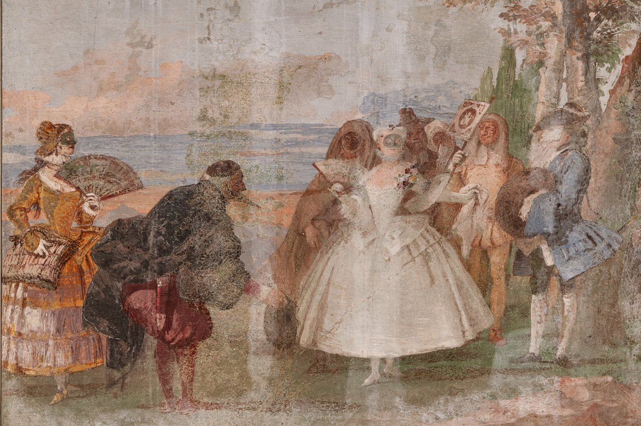 Kwatery Gościnne, Sala Scen Karnawałowych: „Pantalone i Columbina”, scena z maskami autorstwa Giovanni Battista Tiepolo