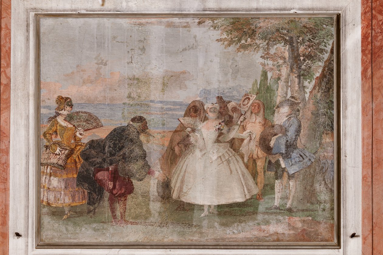 Kwatery Gościnne, Sala Scen Karnawałowych: „Pantalone i Columbina”, scena z maskami autorstwa Giovanni Battista Tiepolo