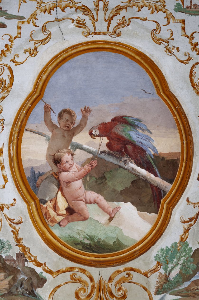 Kwatery Gościnne, Pokój Putti, medalion z puttami: "Dwa putta i papuga" autorstwa Giovanni Battista Tiepolo