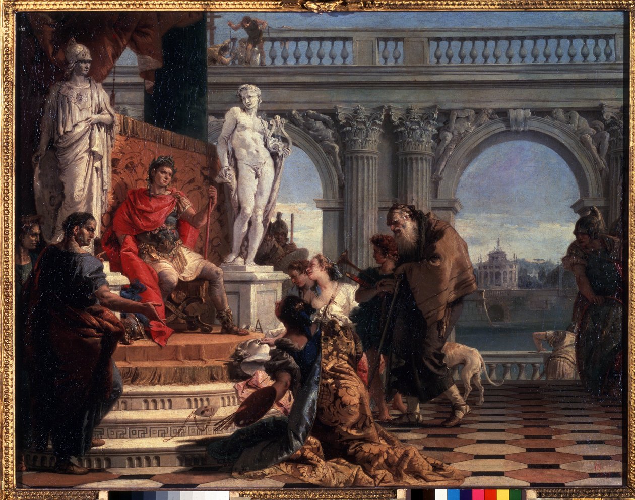 Mecenowie prezentujący sztukę Augustowi. Caius Cilnius Mecenas (lub Mecene) (około 70 pne-8 pne) polityk rzymski, który poświęcił swoją fortunę i wpływy na promocję sztuki i pisma wśród autorstwa Giovanni Battista Tiepolo