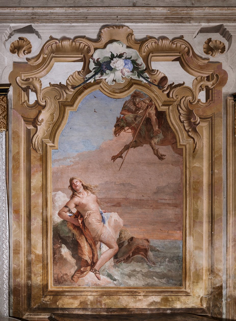 Palazzina (Mały Budynek): drugi pokój lub pokój Ariosto z freskami przedstawiającymi epizody z „Orlando Furioso”: „Ruggiero ratujący Angelikę przed morskim potworem” autorstwa Giovanni Battista Tiepolo
