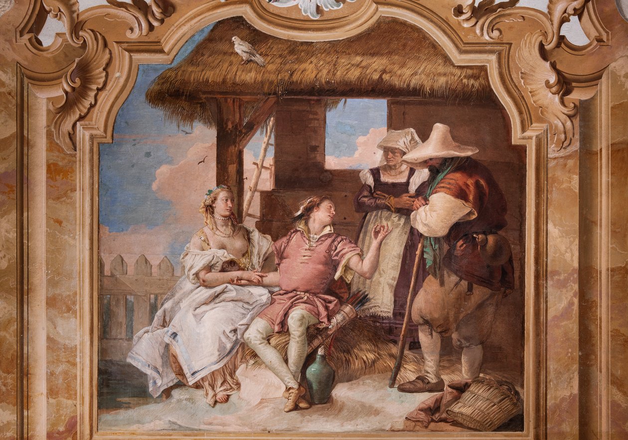 Palazzina (Mały Budynek): drugi pokój lub pokój Ariosto z freskami przedstawiającymi epizody z „Orlando Furioso”: „Angelica i Medoro w domu pasterzy” autorstwa Giovanni Battista Tiepolo