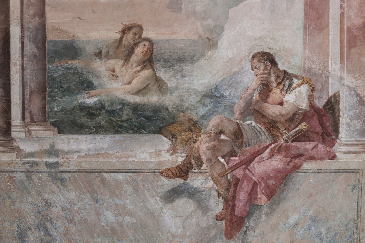 Palazzina (Mały Budynek): widok pierwszego pokoju i jego fresków przedstawiających epizody z Iliady: „Achilles we łzach, podczas gdy jego matka Tetyda wynurza się z morza, aby go pocieszyć”, szczegół autorstwa Giovanni Battista Tiepolo