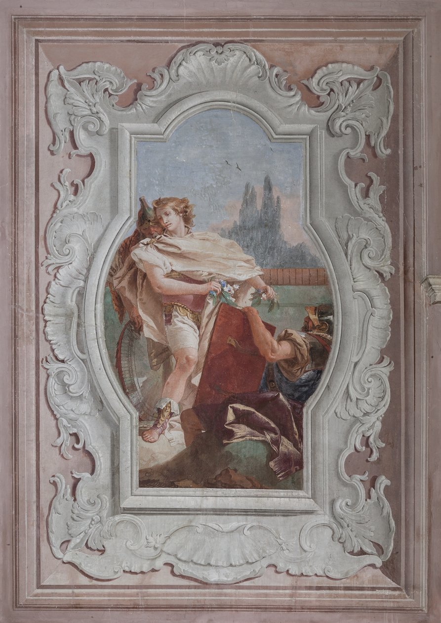 Palazzina (Mały Budynek): widok czwartego pokoju lub Torquato Tasso, z freskami przedstawiającymi odcinki „Jerusalem Delivered”: „Towarzysze trzymają lustro przed Rinaldo” autorstwa Giovanni Battista Tiepolo
