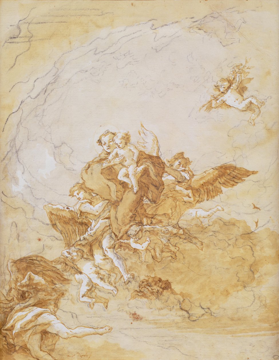 Św. Antoni i Dzieciątko Jezus wspierani przez Anioły (pióro i atrament) autorstwa Giovanni Battista Tiepolo