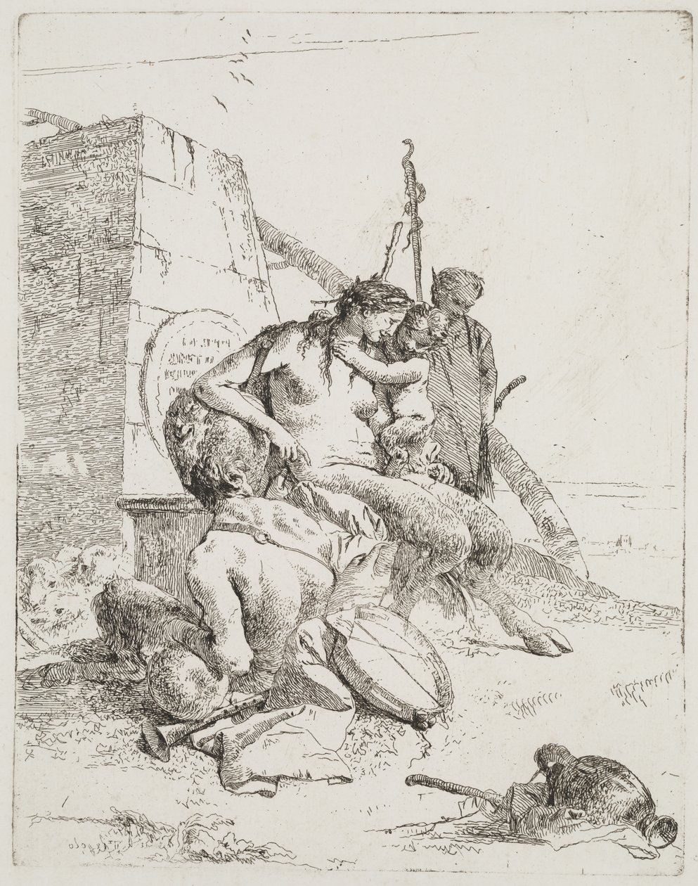 Rodzina Satyrów z obeliskiem, Wenecja, c.1765 (akwaforta) autorstwa Giovanni Battista Tiepolo