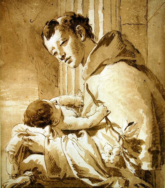 Św. Antoni trzymający Dzieciątko Jezus (długopis, brązowy tusz i płyn do płukania) autorstwa Giovanni Battista Tiepolo