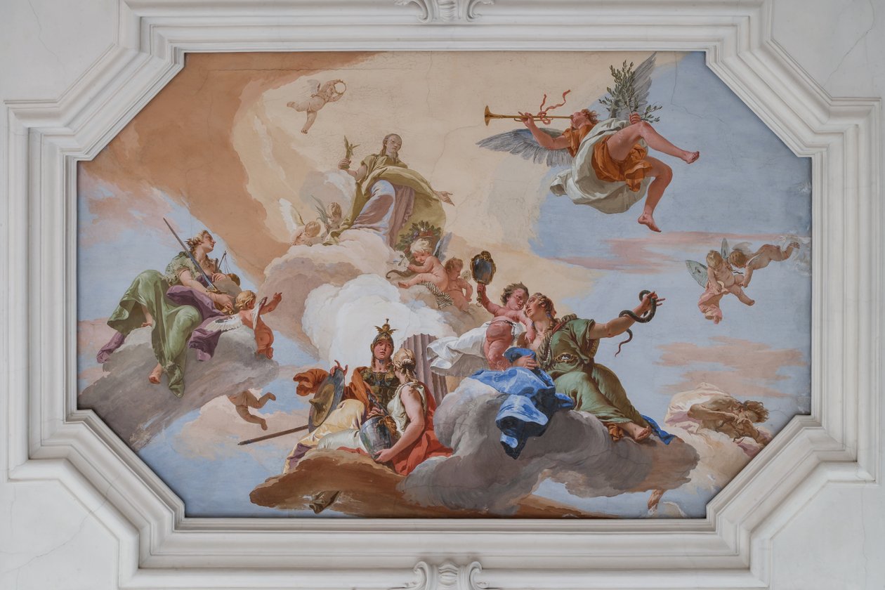 Triumf Chwały ogłoszony przez Sławę stojącą wśród Kardynalnych Cnót autorstwa Giovanni Battista Tiepolo