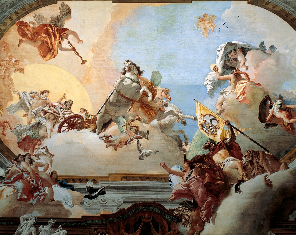 Alegoria stworzona dla małżeństwa Lodovico Rezzonico i szlachetnej weneckiej Faustyny ​​Savorgnan w 1758 roku, przez Giambattistę Tiepolo (1696-1770), fresk, Ca 