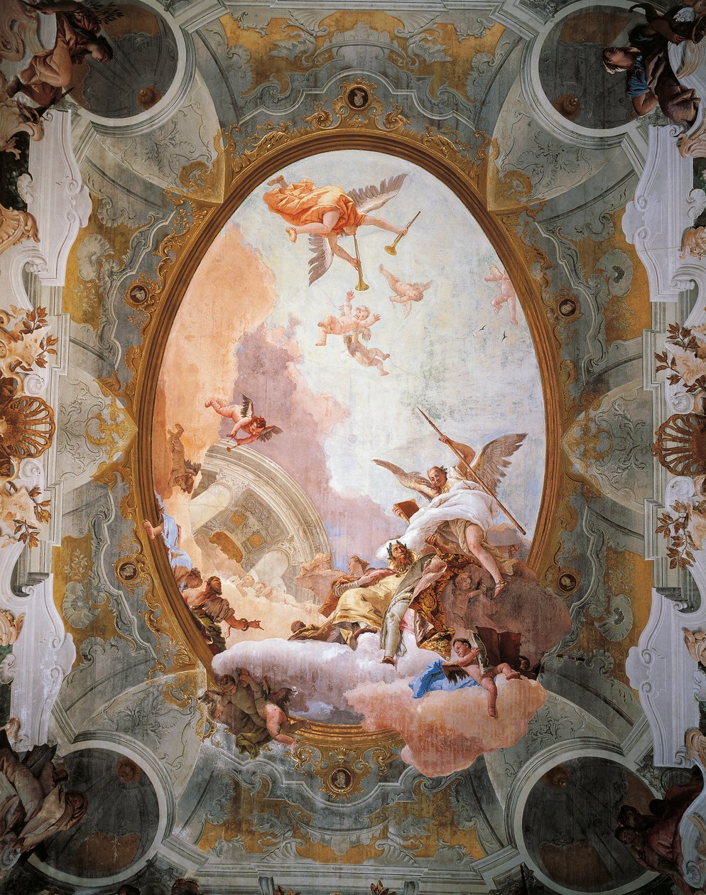 Alegoria Zasługi w towarzystwie szlachty i cnoty, autorstwa Giambattisty Tiepolo (1696-1770). Sufit sali tronowej, Ca 