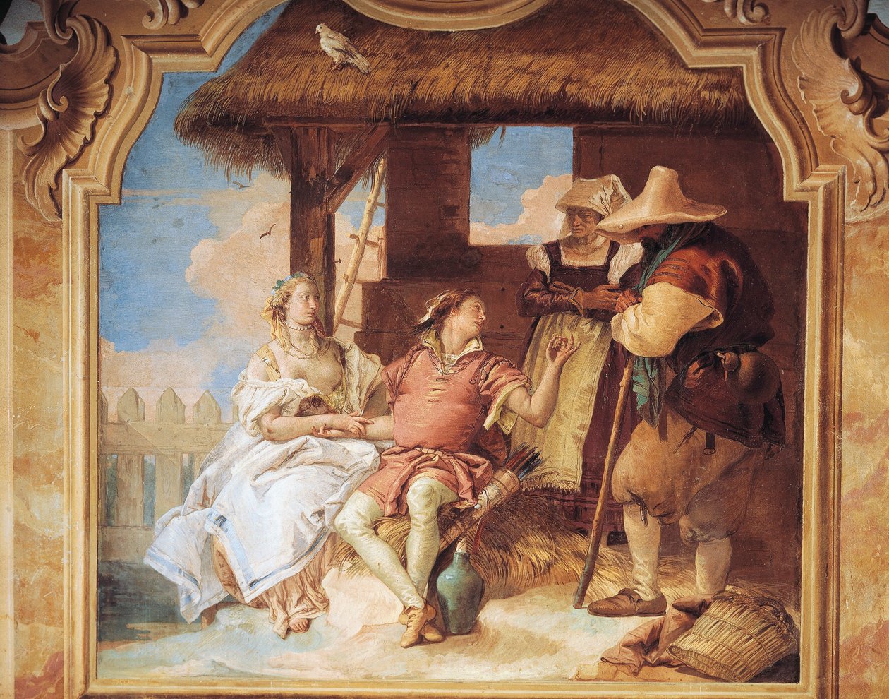 Angelica i Medoro żegnają się z chłopami – Giambattista Tiepolo z Nani Room of the Frenzy of Orlando w Villa Valmarana, fresk autorstwa Giovanni Battista Tiepolo