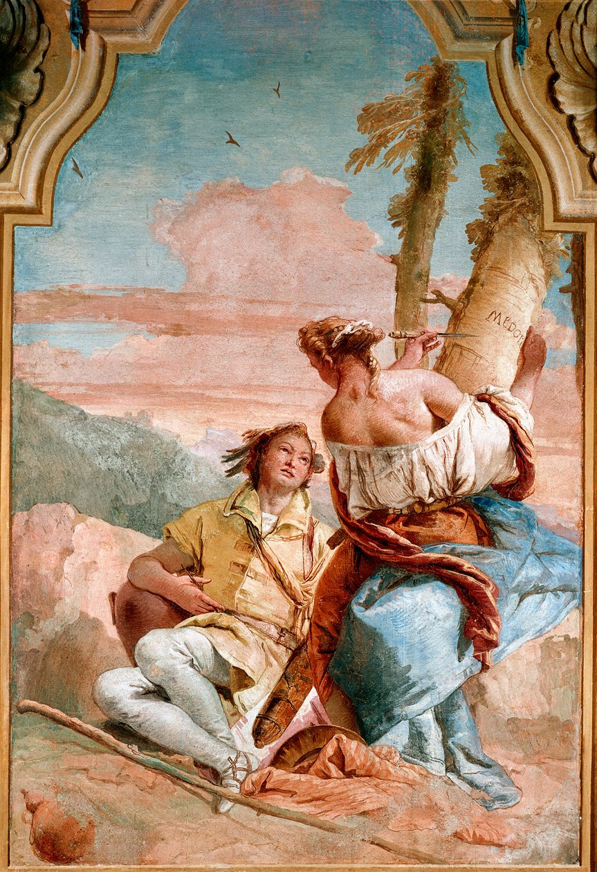 Angelique et Medor - Ilustracja do „Wściekły Roland” (Orlando Furioso) autorstwa Ludovica Arioste (Ariosto) przedstawiająca Angelicę (Angelica) wpisującą na pniu drzewa imię Medora (Medoro), z którym właśnie się łączyła - Fresco autorstwa Giambattista Tiep autorstwa Giovanni Battista Tiepolo
