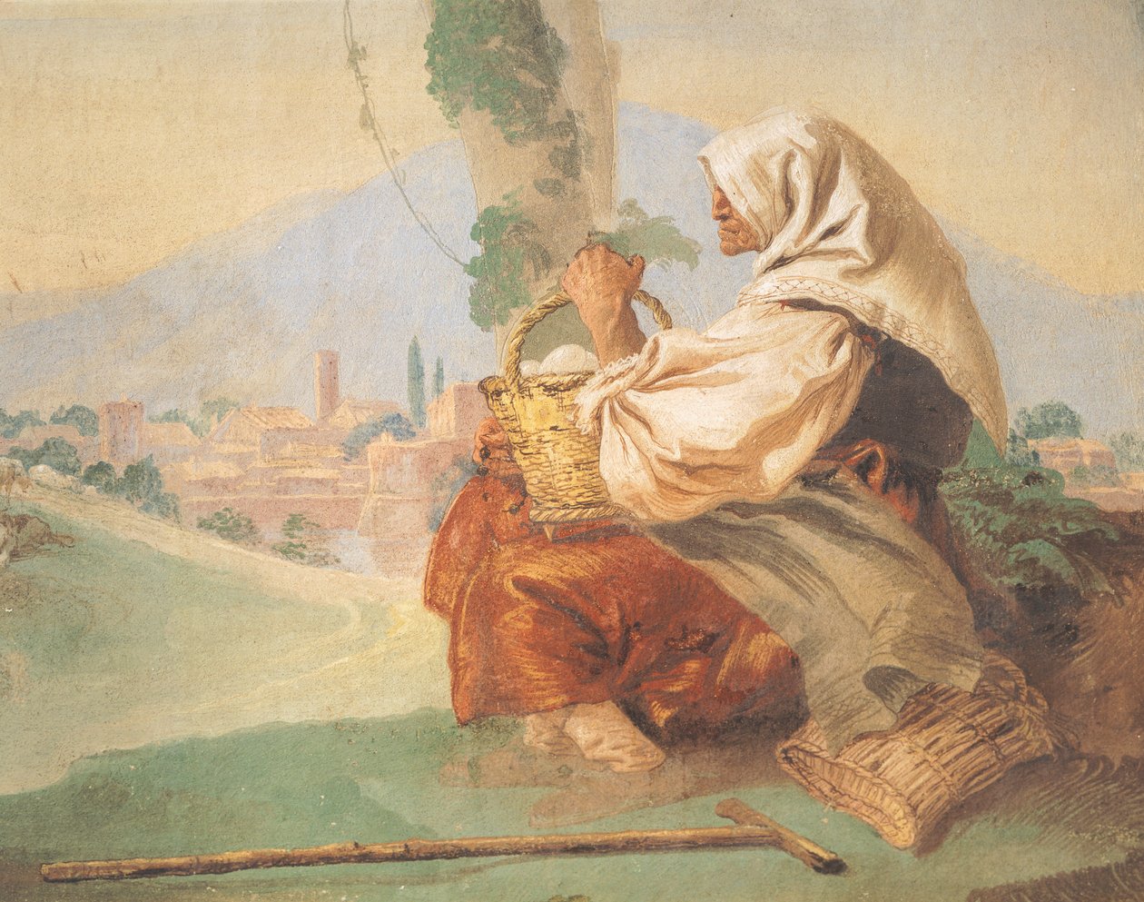 Krajobraz ma chłopa Starzec siedzi, głowę ma zakrwawioną, twarz ukrywa. autorstwa Giovanni Battista Tiepolo