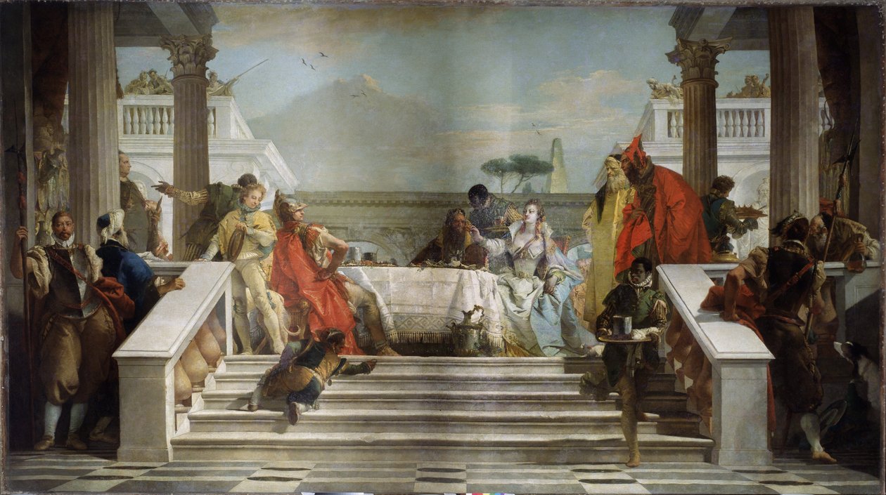 Uczta Kleopatry. Królowa egipska (69-30 pne) jest prawdopodobnie przedstawiana z rzymskim politykiem i generałem Markiem Antoniuszem (Marcus Antonius, 83-30 pne). (Uczta Kleopatry). Obraz Giambattisty Tiepolo (1696-1770). Olej na t autorstwa Giovanni Battista Tiepolo
