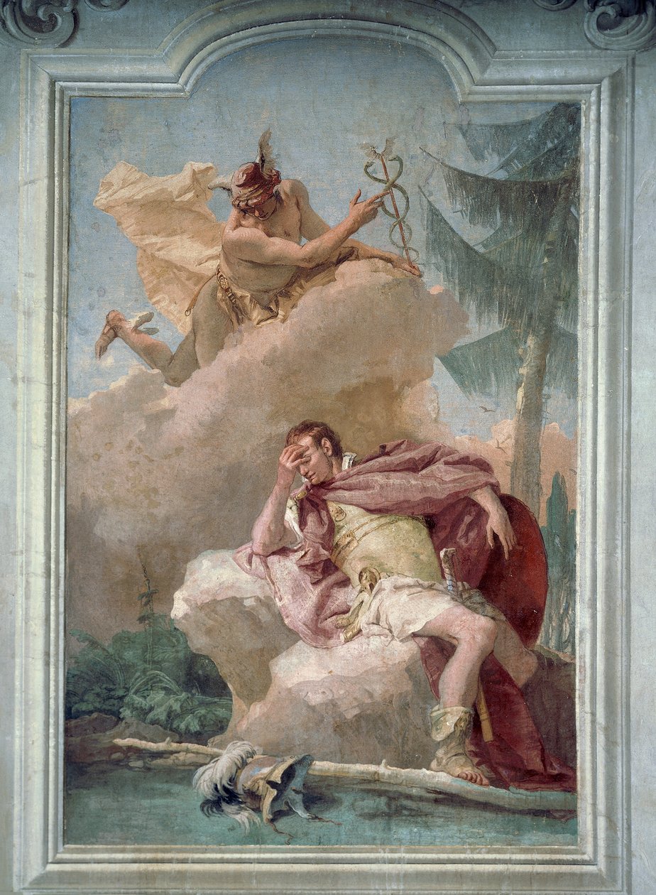 Merkury ukazujący się Eneaszowi we śnie, aby nakazać mu udanie się do Kartaginy, Giambattista Tiepolo (1696-1770), Pokój Eneidy, Villa Valmarana 