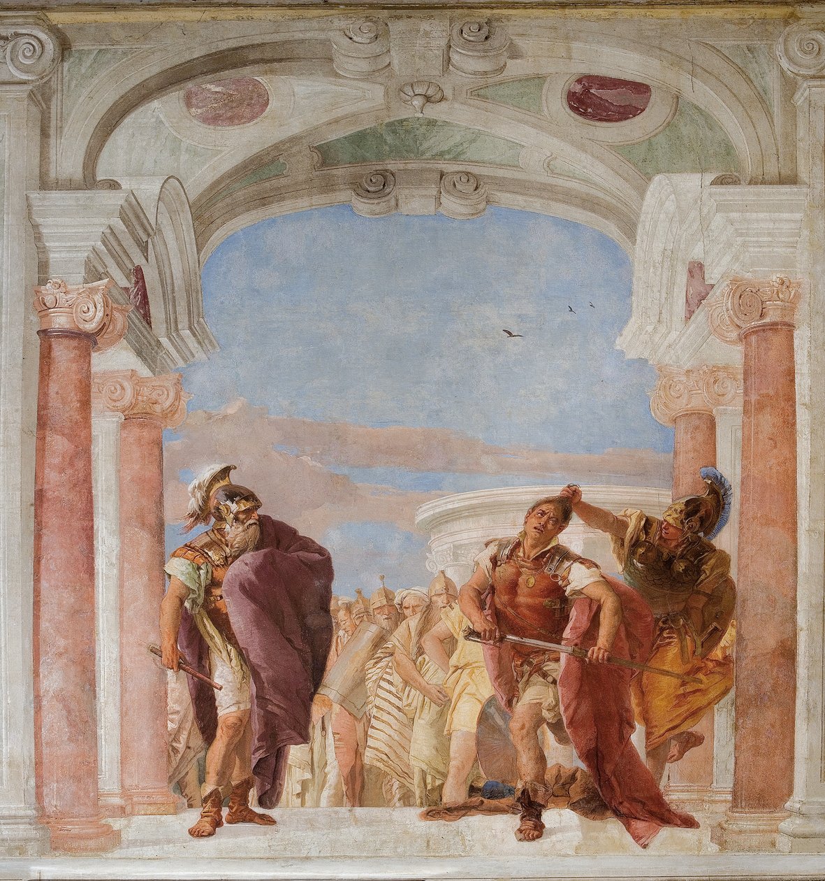 Minerwa powstrzymująca Achillesa przed zabiciem Agamemnona, z Sali Iliady w Palazzina autorstwa Giovanni Battista Tiepolo