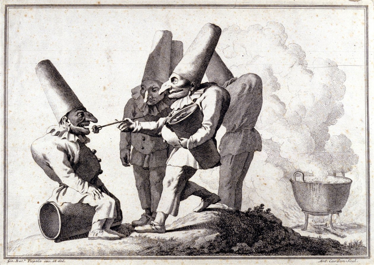 Grupa Pulcinella (włoska polichinelle). Rysowanie długopisem i mycie ołówkiem przez Giovanni Battista (Giambattista) Tiepolo (1696-1770). autorstwa Giovanni Battista Tiepolo