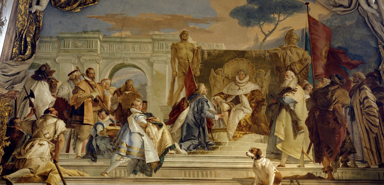Inwestytura Eveque Aroldo przez Fryderyka I Hohenstaufen (1122-1190) z Fryderykiem Barberoussem, królem Niemiec i cesarzem germańskim Fresk autorstwa Giovanniego Battisty (Giambattisty) Tiepolo (1696-1770). XVIII-wieczny pałac w Würzburgu (Würzburg) Niemcy autorstwa Giovanni Battista Tiepolo