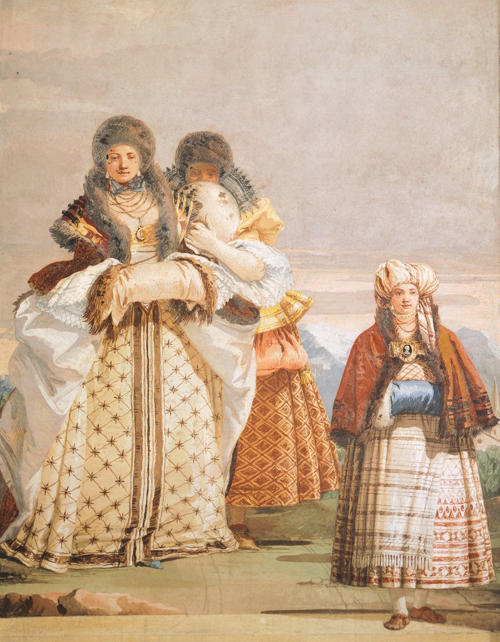 Zimowy spacer, Giambattista Tiepolo (1696-1770), fresk, detal, Pokój Gotycki, Pokoje gościnne w Villa Valmarana ai Nani, Vicenza, Włochy autorstwa Giovanni Battista Tiepolo