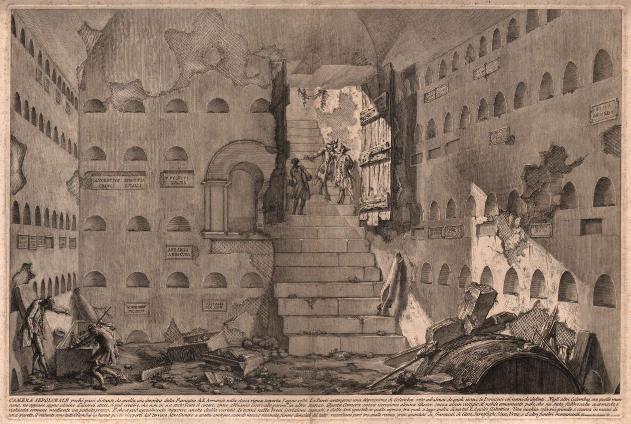 Widok starożytnej komory grobowej odkrytej w 1736 r. w pobliżu Rzymu we Włoszech (rycina) autorstwa Giovanni Battista (after) Piranesi