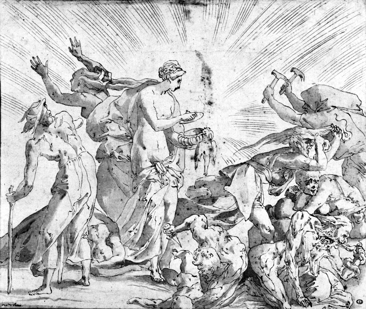 Mit puszki Pandory, rysunek Rosso autorstwa Giovanni Battista (after) Rosso