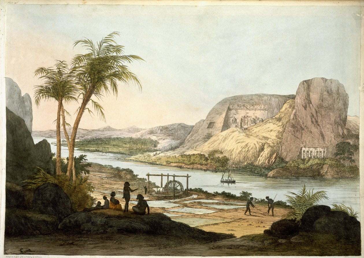 Widok zewnętrzny dwóch świątyń w Abu Simbel, z płyt ilustrujących naukowców w Egipcie i Nubii, opublikowanych w 1822 r. autorstwa Giovanni Battista Belzoni