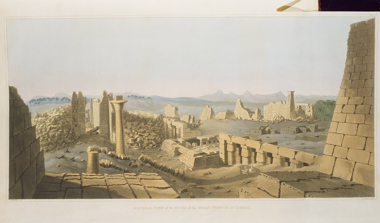 Ogólny widok ruin Wielkiej Świątyni Carnac, odkrytej przez G. Belzoniego, z Plates Illustrative of the Research in Egypt and Nubia, rytowanych przez Charlesa Hullmandela (1789-1850) 1820 (lito autorstwa Giovanni Battista Belzoni