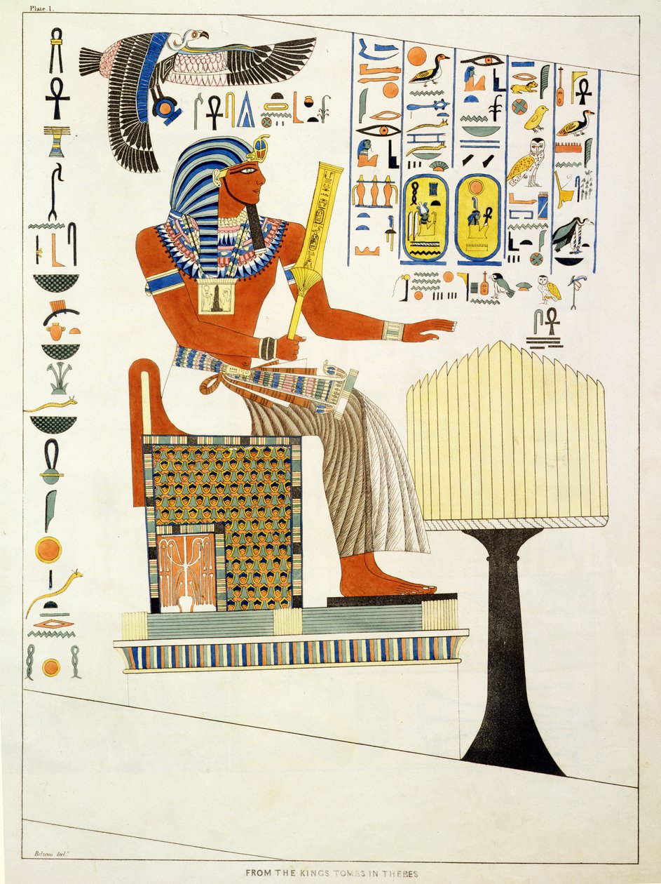 Mural z Grobowców Królów Teb, odkryty przez G. Belzoniego, płyta 1 z "Plates Illustrative of the Research in Egypt and Nubia", rytowany przez Charlesa Hullmandela (1789-1850) 1820-22 (lit. autorstwa Giovanni Battista Belzoni