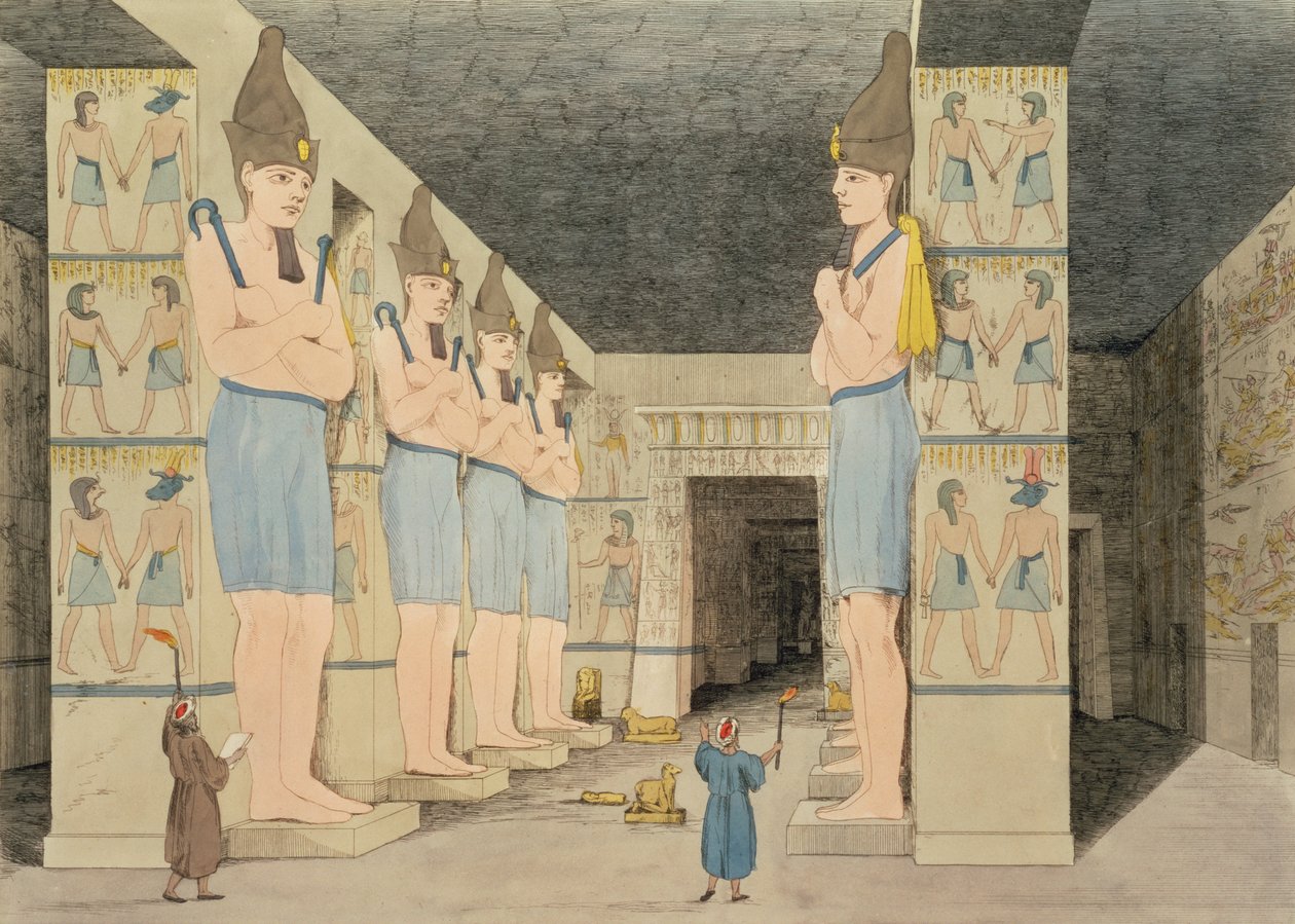 Widok wnętrza świątyni w Ybsombul w Nubii odkrytej przez Giovanniego Belzoniego, rytowane przez Augustyna Aglio (1777-1857) płyta 48 z „Plates Illustrative of the Research in Egypt and Nubia”, autorstwa Giovanni Battista Belzoni