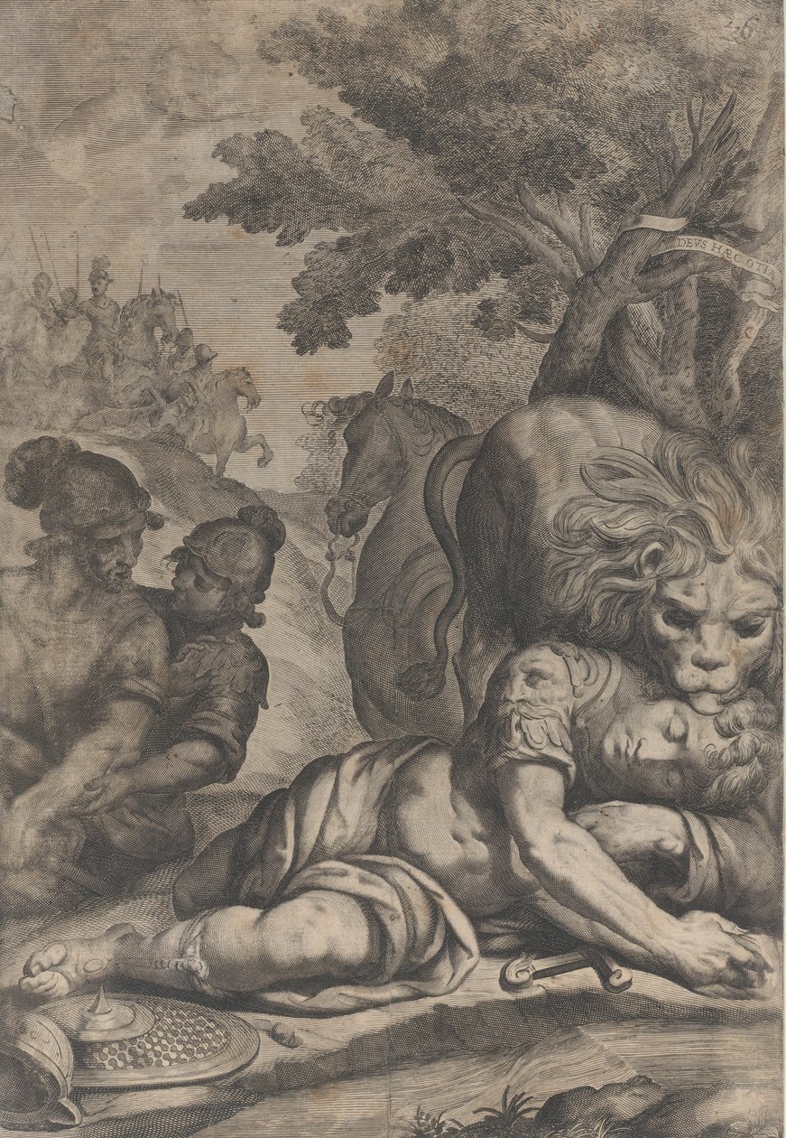 Lew na powalonym jeźdźcu po prawej, z dwoma innymi żołnierzami po lewej, 1640-70. autorstwa Giovanni Battista Bonacina