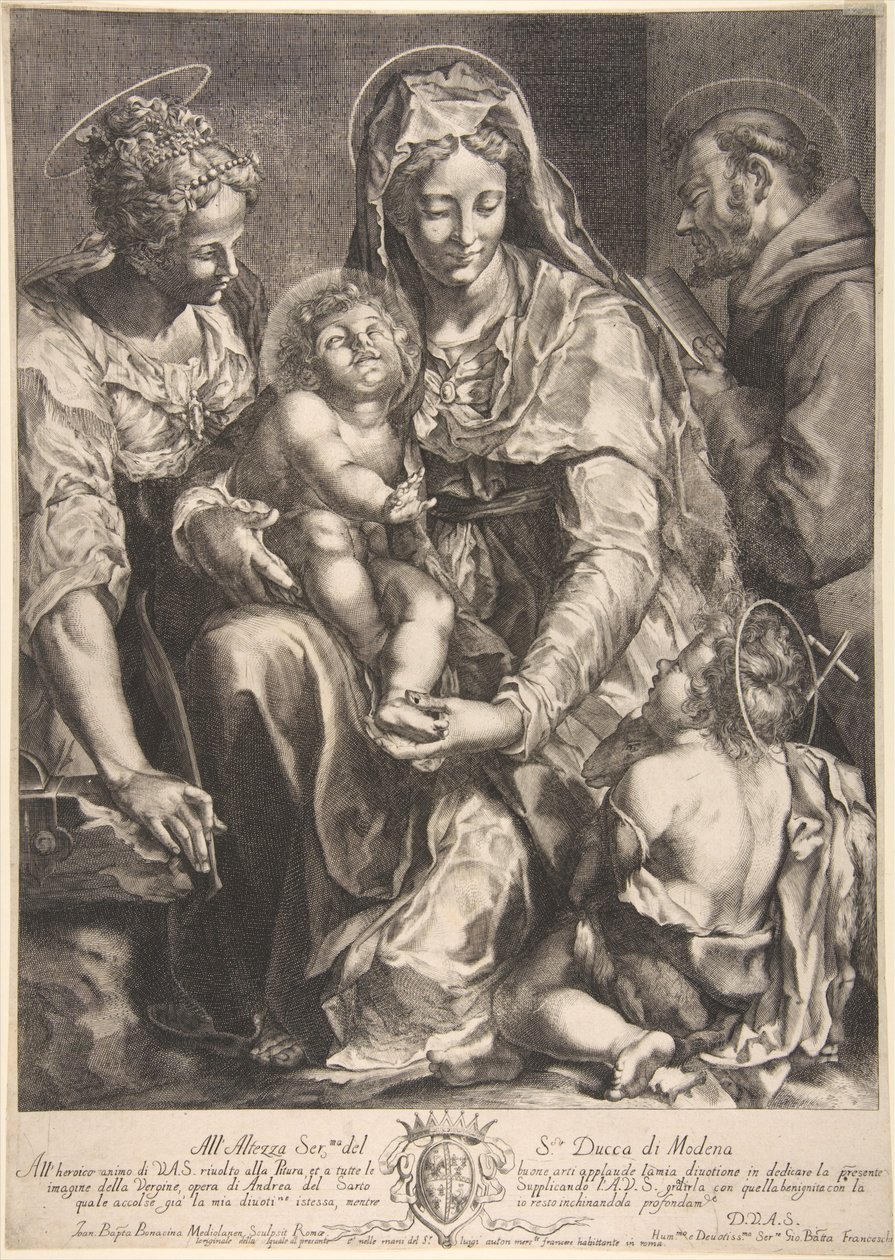 Dziewica z Dzieciątkiem ze św. Katarzyną, Franciszkiem z Asyżu i Janem Chrzcicielem, połowa XVII wieku. autorstwa Giovanni Battista Bonacina