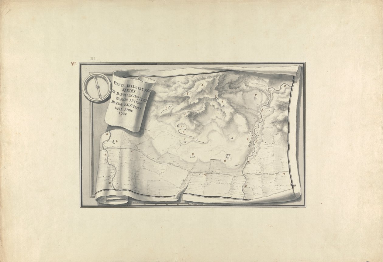 Plan ruin w Sardes ze śladami starożytnych budowli nadal istniejących w 1750 roku autorstwa Giovanni Battista Borra
