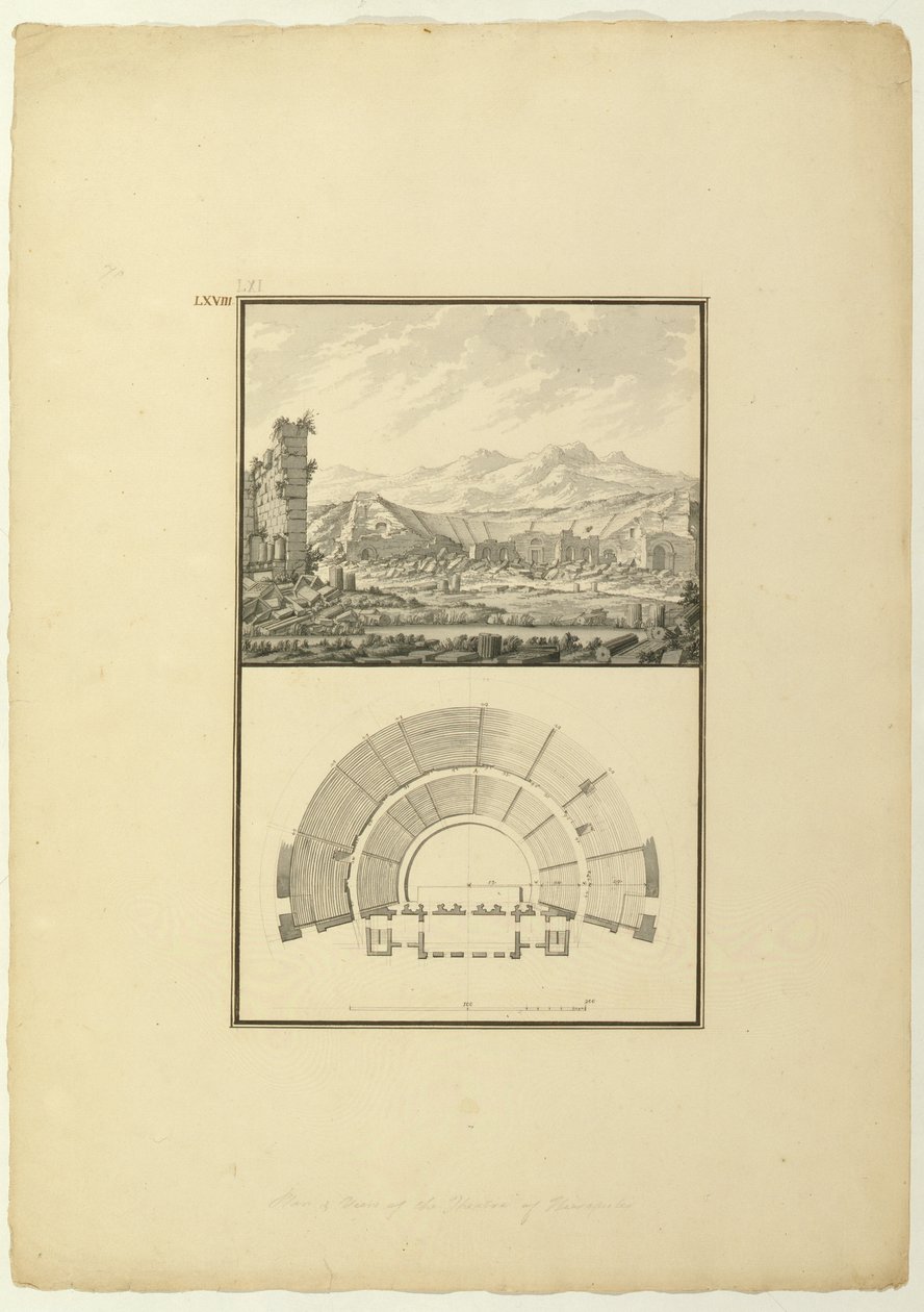 Widok i plan teatru w Hierapolis (obecnie Pamukkale), ok. 1750 (pióro i atrament oraz pranie na papierze) autorstwa Giovanni Battista Borra