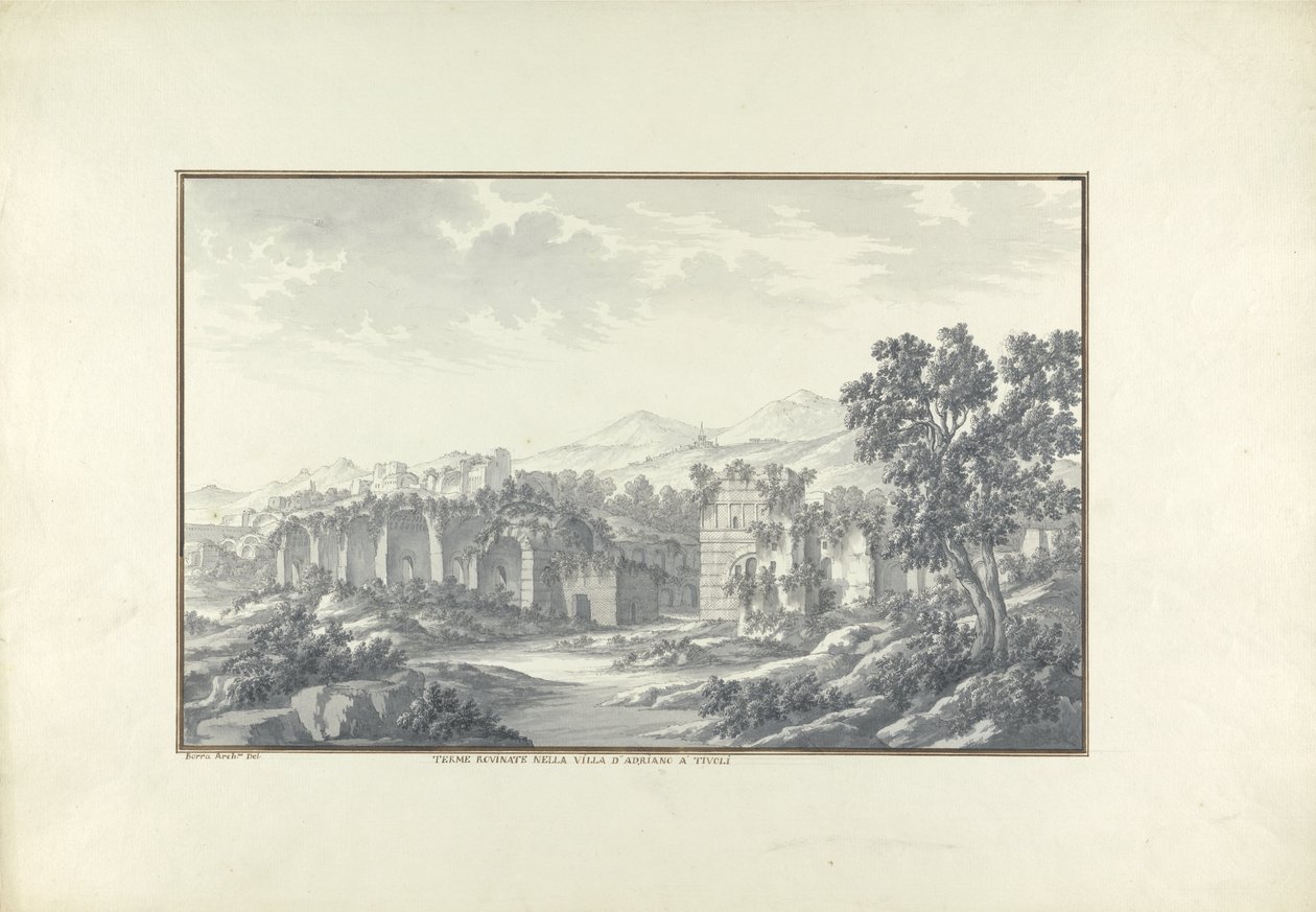 Widok na zrujnowane łaźnie w willi Hadriana w Tivoli, ok. 1750 autorstwa Giovanni Battista Borra