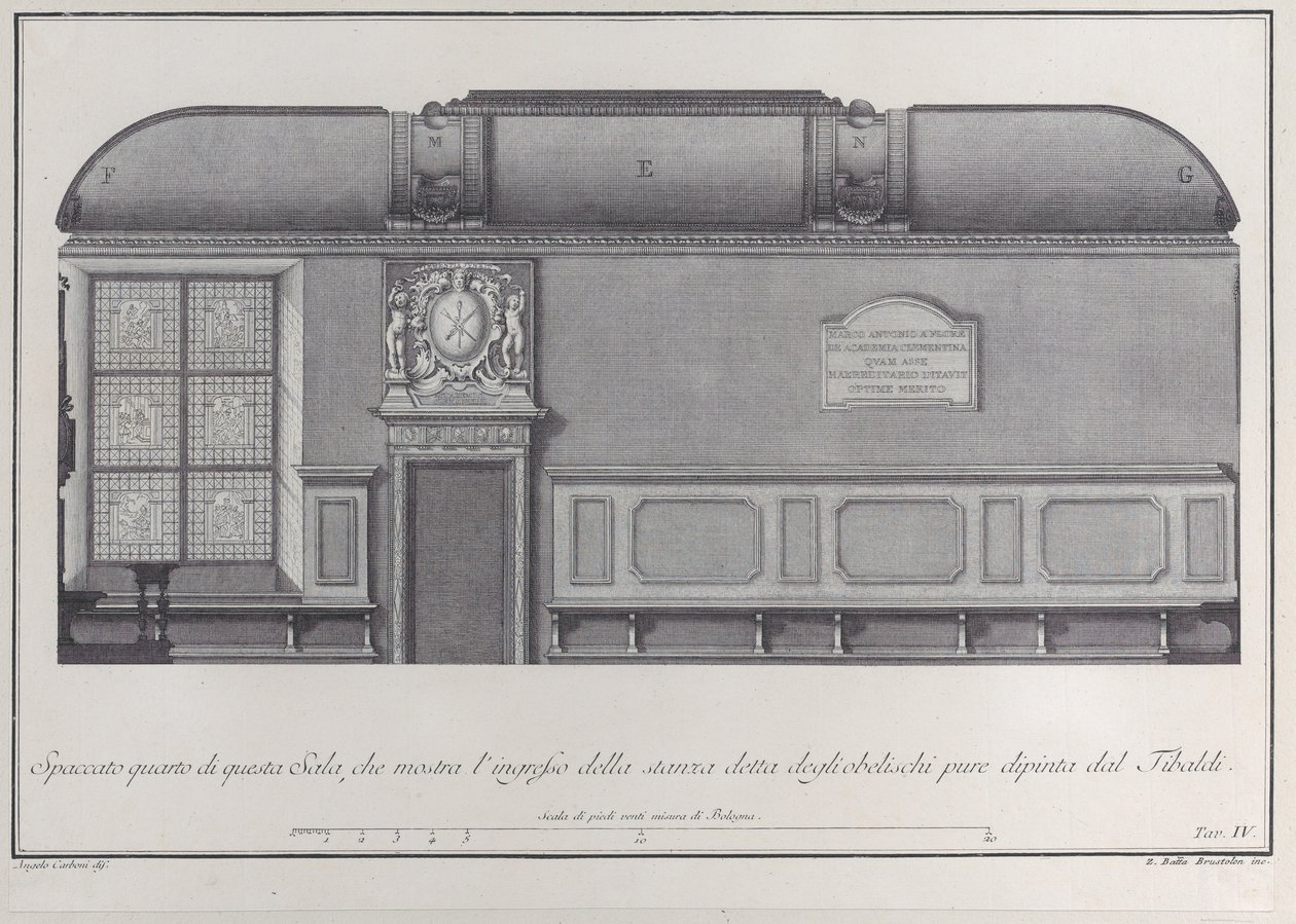 Tablica 4: Przekrój Sali Instytutu Bolońskiego, z wejściem do r..., 1756. autorstwa Giovanni Battista Brostoloni